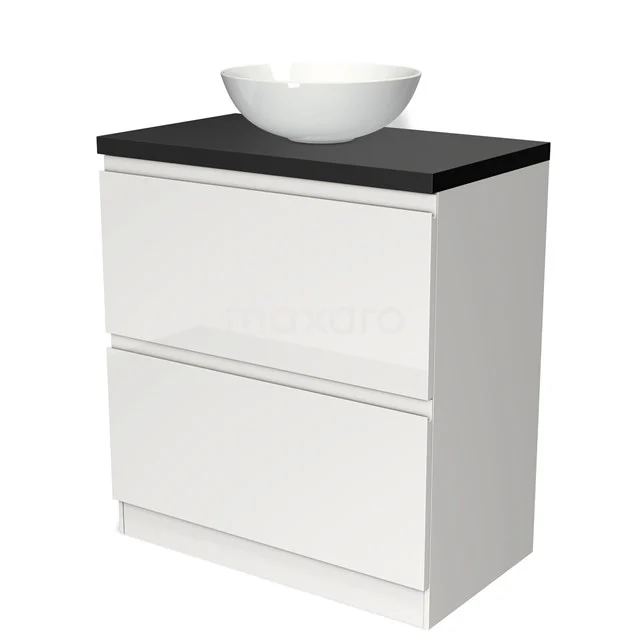 Weiße Badmöbelset mit schwarzer Platte und rundem Waschbecken, modernes Design, ideal für praktische Aufbewahrung im Badezimmer.