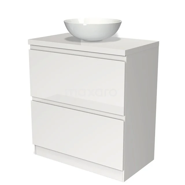 Weißes Badmöbel mit zwei Schubladen und einem runden Waschbecken, aus glänzendem Material für einen modernen Badezimmerstil.