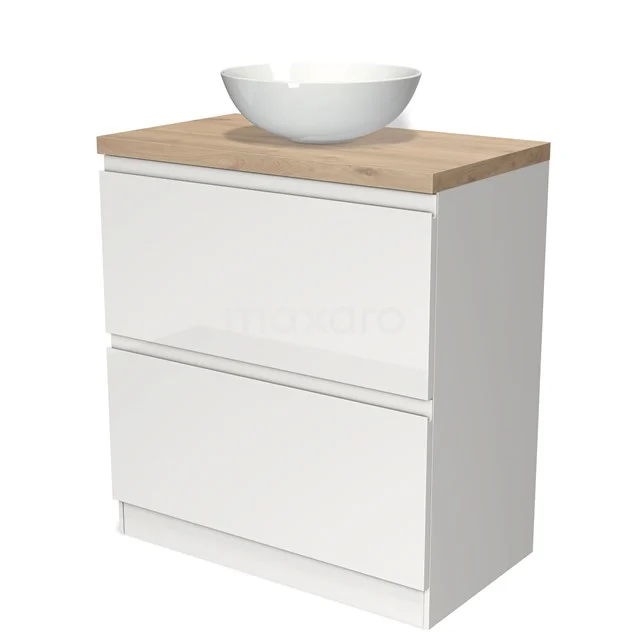 Weiße Badmöbel mit Holzplatte und rundem Aufsatzwaschbecken, modernes Design, ideal für stilvolle Badezimmergestaltung.