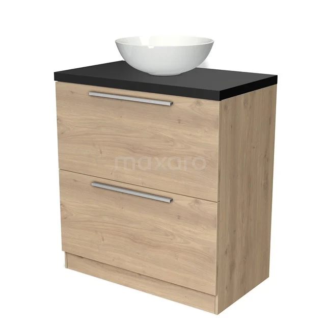 Modulo Plato Badmöbel mit Aufsatzwaschbecken | 80 cm Hellbraune Eiche Flach front Matt Schwarz blatt 2 hohe Schubladen übereinanderliegend BMK13S-00085 Holz Badezimmermöbel mit zwei Schubladen, schwarzer Platte und weißer Waschbecken, ideal für moderne Badezimmerlagerung.