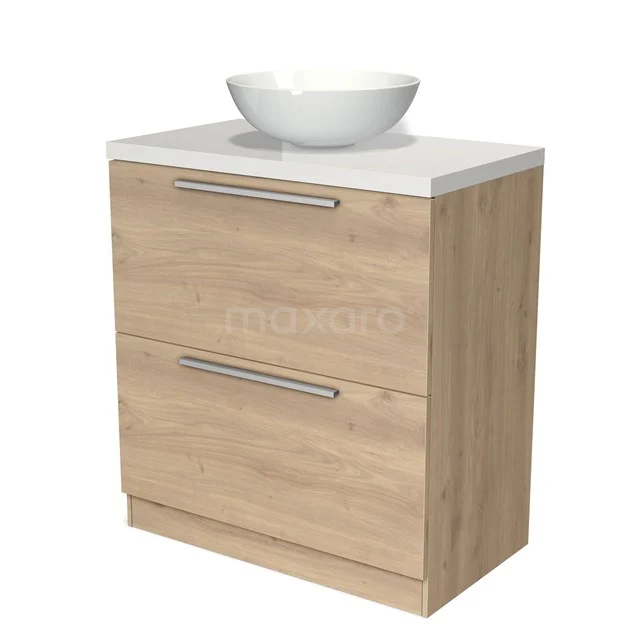 Holz-Badmöbel mit weißem Aufsatzwaschbecken, 2 geräumigen Schubladen und modernem Design, ideal für stilvolle und funktionale Badezimmergestaltung.