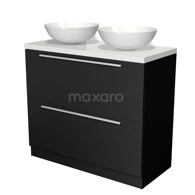 Badmöbel für Waschtischunterschrank 100cm Modulo Plato Matt Schwarz 2 hohe Schubladen Stehend Flach Hochglanz Weiß Platte BMK13S-00115 Schwarzes Badmöbel mit zwei weißen Aufsatzwaschbecken, modernes Design, doppeltes Badezimmer Waschbeckenmöbel aus einer hochwertigen Luxus-Serie.