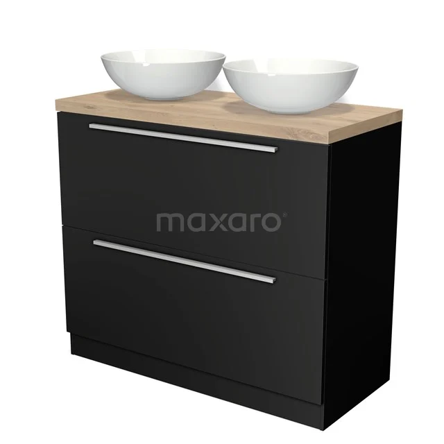 Badmöbel für Aufsatzwaschbecken 100cm Modulo Plato Matt Schwarz 2 hohe Schubladen Stehend Flach Hellbraune Eiche Platte BMK13S-00121 Schwarzer Badschrank mit Holz-Optik Platte, doppelten weißen Aufsatzwaschbecken und modernen glatten Schubladen für stilvolle Badezimmerlagerung.