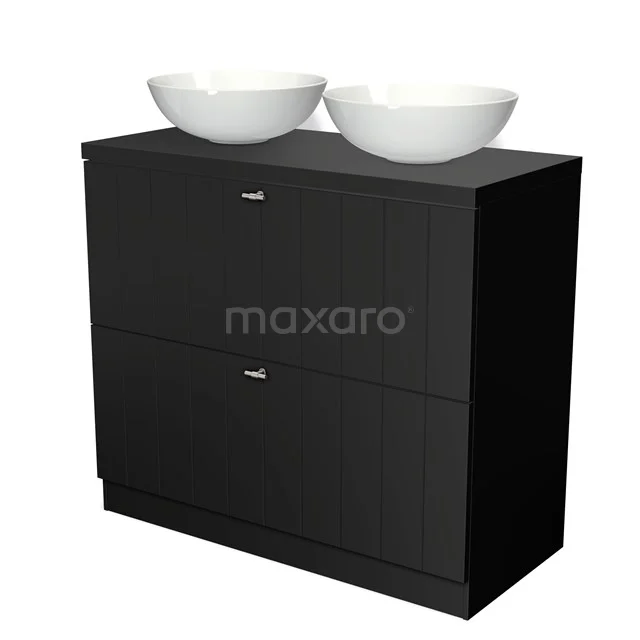 Black bathroom cabinet with two white round basins, modern design, ideal for stylish bathroom storage.