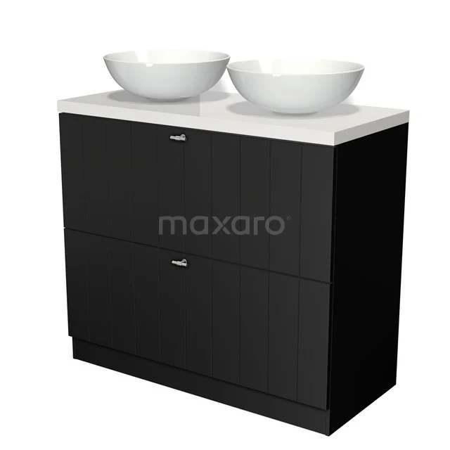 Black bathroom furniture set with two white countertop wash basins, modern design and two drawers, ideal for stylish bathroom storage.