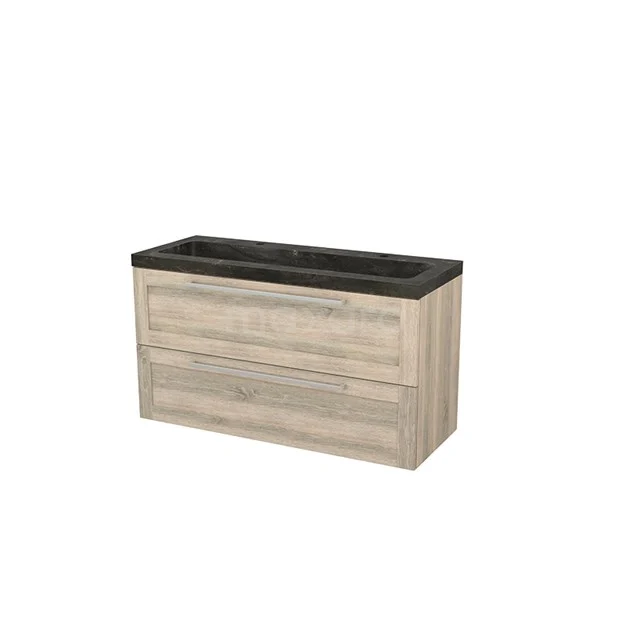 Wooden bathroom unit with black basin worktop, modern look, suitable for stylish and functional bathroom design.