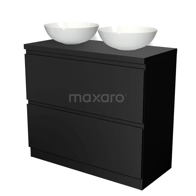 Schwarz Badmöbel mit zwei weißen Aufsatzwaschbecken, modernes Design, ideal für ein modernes Badezimmer.