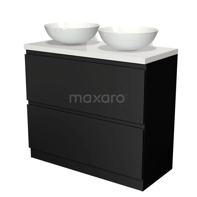 Schwarze Badmöbelset mit doppelten weißen Aufsatzwaschbecken, modernes Design, ideal für moderne Bäder.