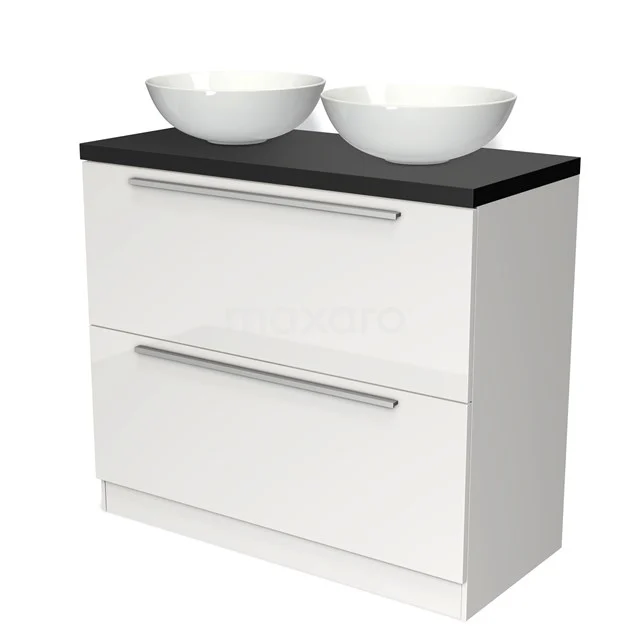 Badmöbel für Waschtischunterschrank mit Konsole 100cm Modulo Plato Hochglanz Weiß 2 hohe Schubladen Stehend Flach Matt Schwarz Platte BMK13S-00155 Weißes Badezimmermöbel mit schwarzer Platte, zwei runden Aufsatzwaschbecken und metallischen Haltegriffen; elegantes Design für moderne Bäder.