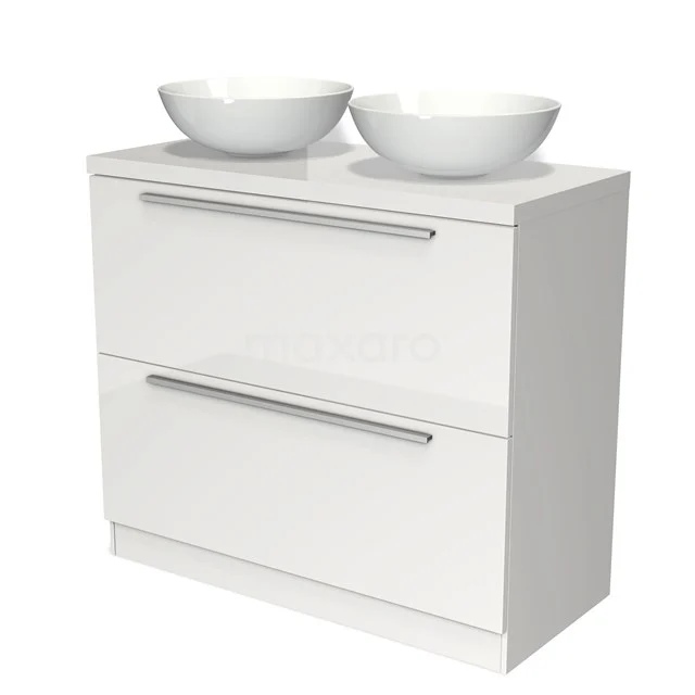 Modulo Plato Badmöbel mit Aufsatzwaschbecken | 100 cm Hochglanz Weiß Flach front Hochglanz Weiß blatt 2 hohe Schubladen übereinanderliegend BMK13S-00157 Weißes Waschtischmöbel mit zwei runden Aufsatzwaschbecken, modernes Design, mit metallenen Haltegriffen und geräumigen Schubladen für das Badezimmer.