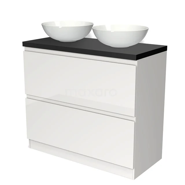 Weißes Badezimmermöbel mit zwei keramischen Aufsatzwaschbecken, schwarzer Oberplatte, schickem Design und Softclose-Schubladen.