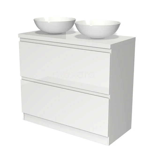 Weißes Badezimmermöbel mit zwei Aufsatzwaschbecken, schlichtes Design, Hochglanz-Oberfläche, perfekt für eine moderne Badezimmer Einrichtung.