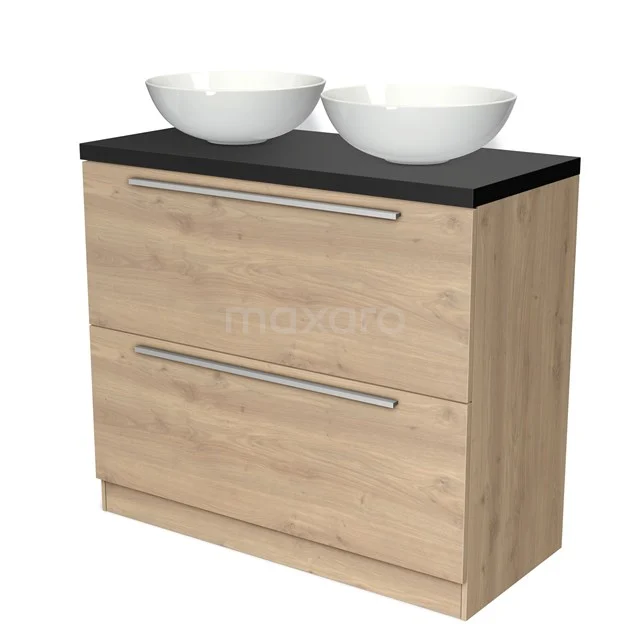 Holz Badezimmermöbel mit schwarzer Platte und doppelten weißen Aufsatzwaschbecken, modernes Design, ideal für ein stilvolles Badezimmer.