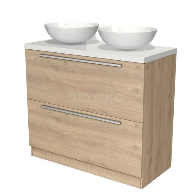 Modulo Plato Vanity units for countertop basin | 100 cm Light brown oak Flat front High-gloss white worktop 2 high drawers standing drawers under each other BMK13S-00199