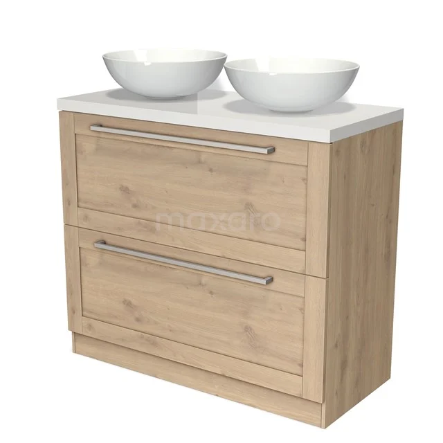 Wooden bathroom unit with two white vanity units with basins, double drawers and sleek design, ideal for modern bathrooms.