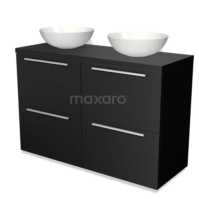 Schwarzer Badschrank mit Doppelwaschbecken, schicke matte Oberfläche, metallene Haltegriffe und modernes Design.