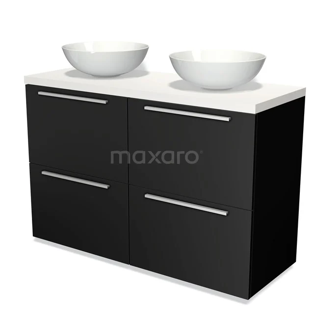 Schwarz Badmöbel mit Doppelwaschbecken, minimalistisches Design, vier Schubladen und keramischen Schalen für ein modernes Badezimmer.