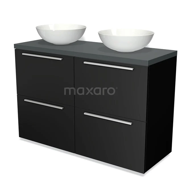 Badmöbel für Waschtischunterschrank mit Konsole 120cm Modulo Plato Matt Schwarz 4 hohe Schubladen Flach Dunkelgrau Platte BMK14-00005 Schwarze Badmöbelset mit Doppelwaschbecken, schlichten Schubladen und modernem Design; ideal für ein stilvolles Badezimmer.