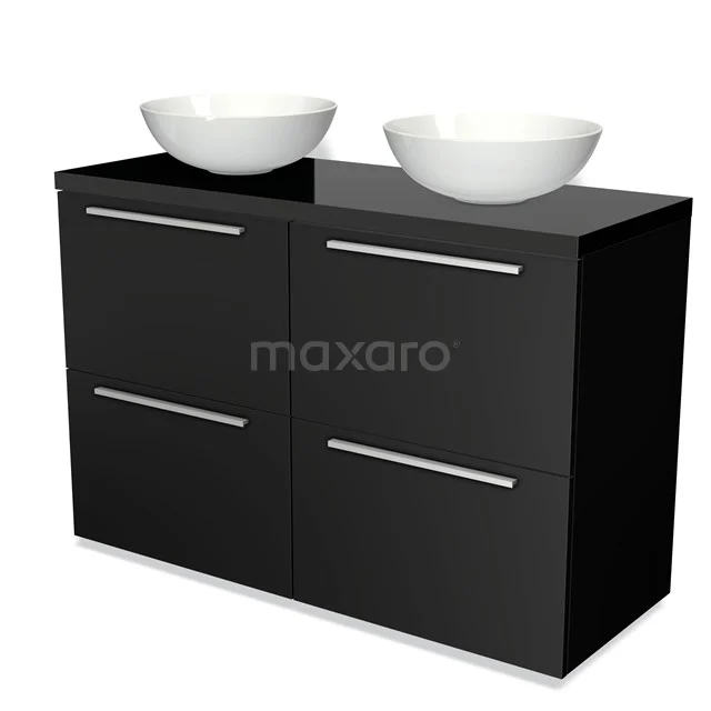 Schwarzer doppelter Badschrank mit Glasplatte und zwei weißen Aufsatzwaschbecken, modernes Design, ideal für stilvolle Bäder.