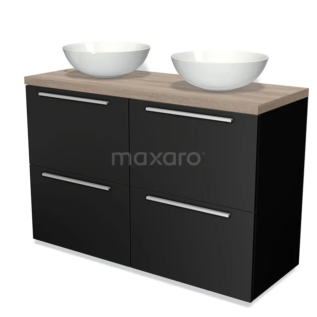 Schwarzes Badmöbel mit Holzplatte, zwei weißen Aufsatzwaschbecken und vier Schubladen, modernes Design für moderne Bäder.