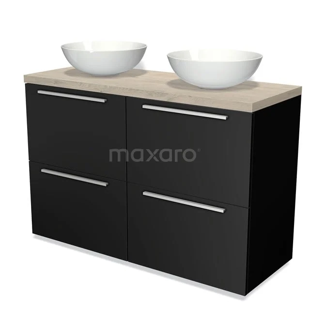 Schwarzes Badmöbel mit doppeltem weißen Aufsatzwaschbecken und Holzplatte, modernes Design, ideal für stilvolle Badezimmergestaltung.