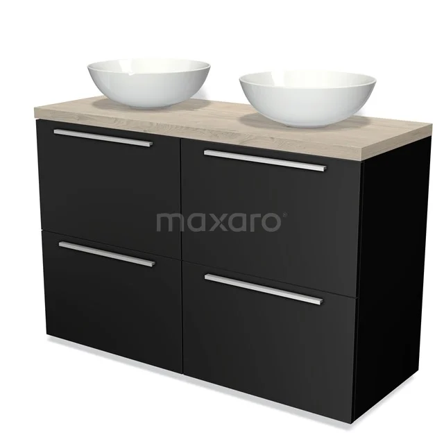 Schwarzes Badmöbel mit doppeltem weißen Aufsatzwaschbecken und Holzplatte, modernes Design, ideal für stilvolle Badezimmergestaltung.