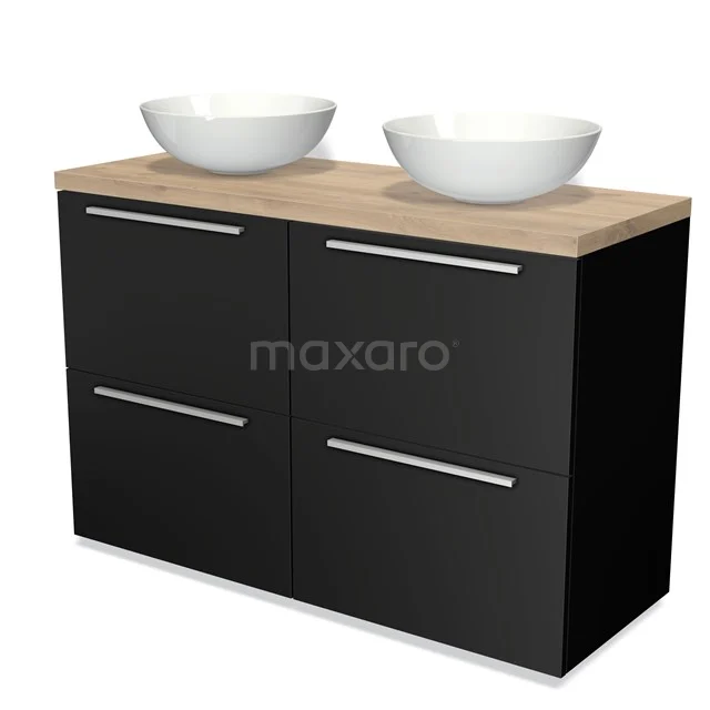 Schwarze Badmöbelset mit holzfarbener Platte, doppelten weißen Aufsatzwaschbecken und modernen metallischen Haltegriffen, stilvoll und funktional.