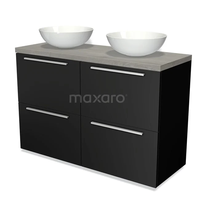 Modulo Plato Vanity units for countertop basin | 120 cm Matte black Flat front Grey oak worktop 4 high drawers BMK14-00012