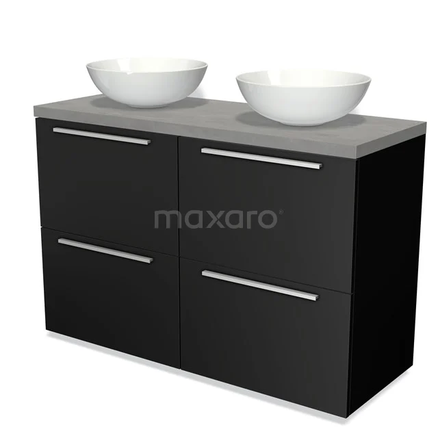 Modulo Plato Vanity units for countertop basin | 120 cm Matte black Flat front Light grey concrete worktop 4 high drawers BMK14-00013