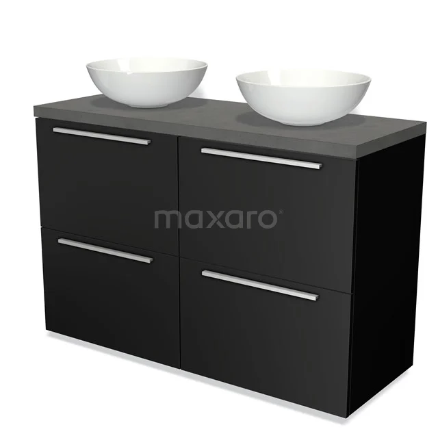 Schwarze Badmöbelset mit grauer Platte, doppeltem weißen Aufsatzwaschbecken und chromfarbenen Haltegriffen. Modernes Design, ideal für jedes Badezimmer.
