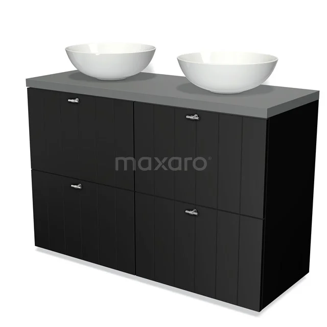 Schwarzer doppelter Badschrank mit grauem Steinlook-Platte und zwei weißen Aufsatzwaschbecken, modernes Design und großzügiger Stauraum.