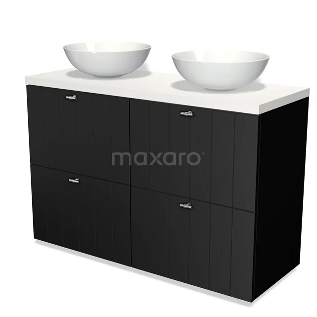 Schwarzer Badschrank mit zwei weißen runden Aufsatzwaschbecken, elegantes Design, perfekt für moderne Bäder.