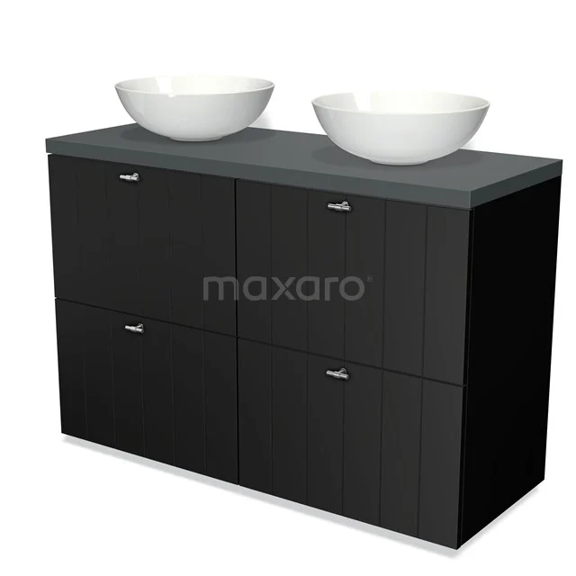 Schwarzer Badschrank mit Steinplatte und zwei weißen Aufsatzwaschbecken, modernes Design und viel Stauraum.