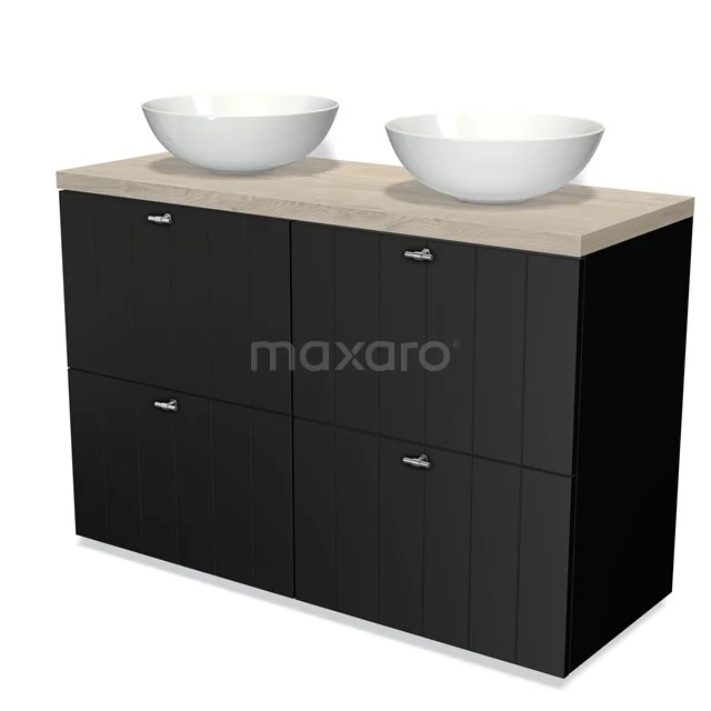 Modulo Plato Badmöbel mit Aufsatzwaschbecken | 120 cm Matt Schwarz Lamelle front Hellgraue Eiche blatt 4 hohe Schubladen BMK14-00022 Schwarzes Holz Badezimmermöbel mit hellem Holz Platte und doppelten weißen Aufsatzwaschbecken; elegantes Design für moderne Bäder.