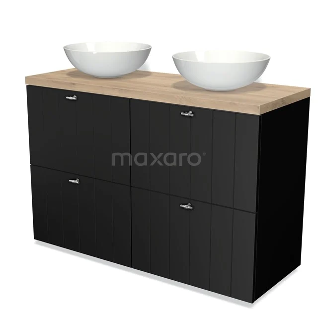 Modulo Plato Vanity units for countertop basin | 120 cm Matte black Slat front Light brown oak worktop 4 high drawers BMK14-00023 Black bathroom furniture set with four storage compartments, wooden worktop and two round basins in white, ideal for modern bathrooms.