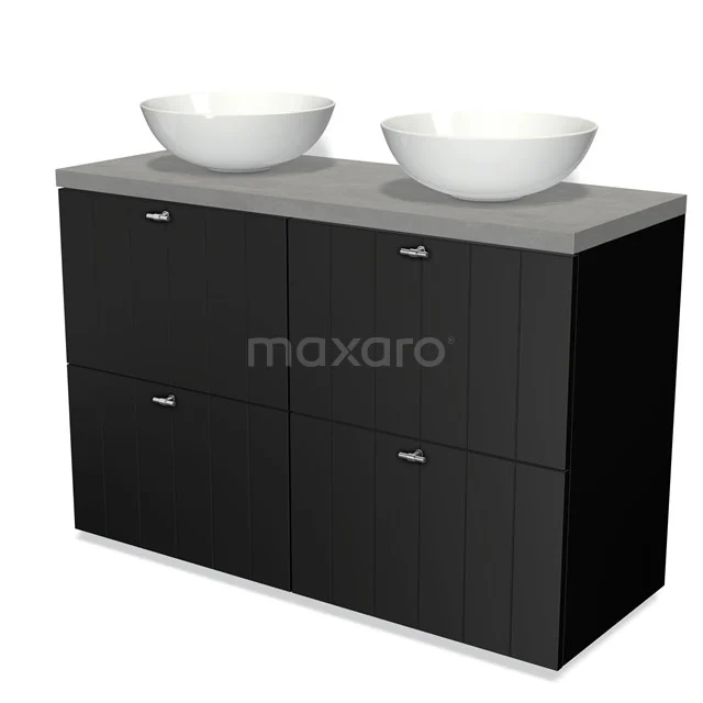 Black bathroom cabinet with four drawers, grey concrete-look worktop and two white countertop wash basins; modern and stylish design.