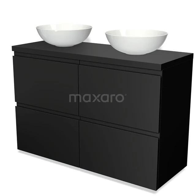 Badmöbel für Aufsatzwaschbecken 120cm Modulo Plato Matt Schwarz 4 hohe Schubladen Grifflos BMK14-00029 Schwarzes Badmöbel mit zwei weißen Aufsatzwaschbecken, modernes Design, minimalistische Ausstrahlung, perfekt für zeitgemäße Badezimmerstile.