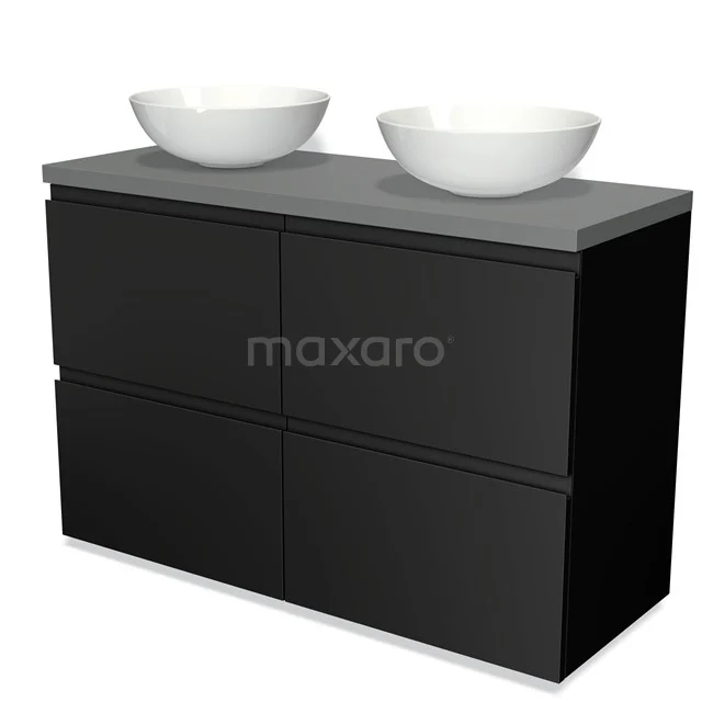 Badmöbel für Aufsatzwaschbecken 120cm Modulo Plato Matt Schwarz 4 hohe Schubladen Grifflos Mittelgrau Platte BMK14-00030 Schwarz Badmöbel mit Doppelwaschbecken, Matt Schwarz Finish und grauer Platte, modernes Design.