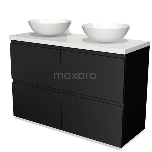 Modulo Plato Vanity units for countertop basin | 120 cm Matte black Handle-less front High-gloss white worktop 4 high drawers BMK14-00031