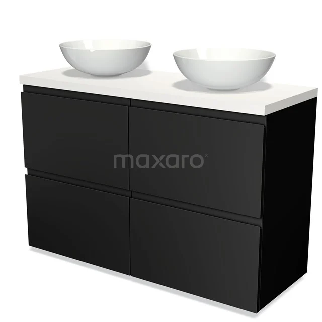 Modulo Plato Vanity units for countertop basin | 120 cm Matte black Handle-less front Matte white worktop 4 high drawers BMK14-00032