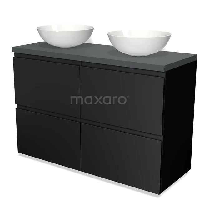 Modulo Plato Badmöbel mit Aufsatzwaschbecken | 120 cm Matt Schwarz Grifflos front Dunkelgrau blatt 4 hohe Schubladen BMK14-00033 Schwarz Badmöbel mit zwei weißen Aufsatzwaschbecken, matte Oberfläche, modernes Design; ideal für ein stilvolles Badezimmerupdate.