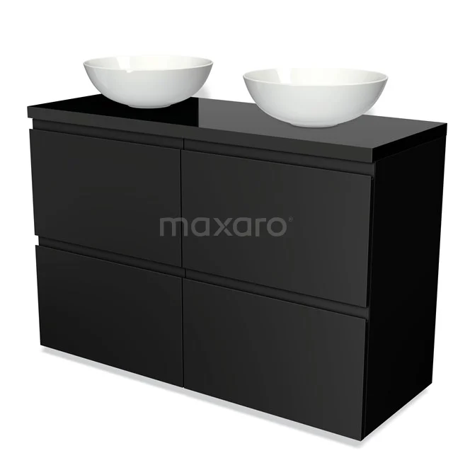 Modulo Plato Vanity units for countertop basin | 120 cm Matte black Handle-less front High-gloss black worktop 4 high drawers BMK14-00034