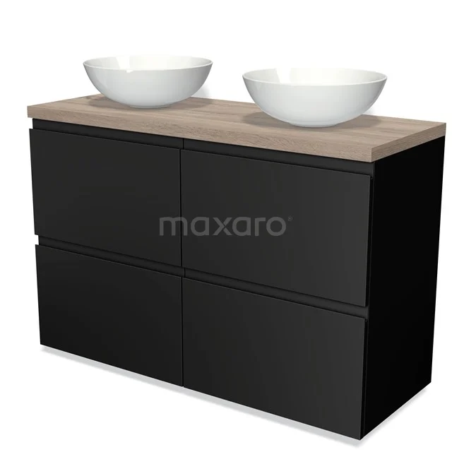 Modulo Plato Vanity units for countertop basin | 120 cm Matte black Handle-less front Oak worktop 4 high drawers BMK14-00035