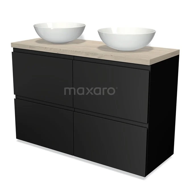 Schwarzes Doppelwaschbeckenmöbel mit Holzoptik Platte und runden weißen Aufsatzwaschbecken, ideal für eine moderne Badezimmer Einrichtung.