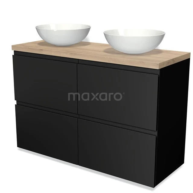 Schwarze Badmöbel mit Holzplatte und zwei weißen Aufsatzwaschbecken, modernes Design für eine stilvolle Badezimmerinrichtung.