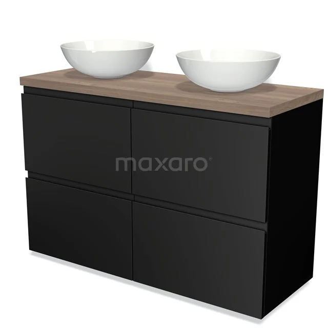 Schwarze Badmöbelset mit Holzplatte und zwei weißen runden Schalen; stilvolles Design für moderne Bäder.