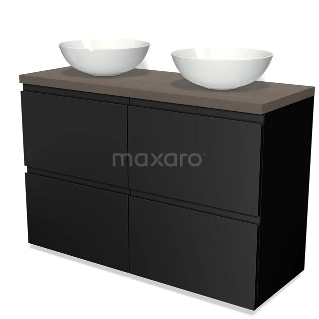 Schwarz Badmöbel mit doppelten Aufsatzwaschbecken, Holzplatte und klarer Formgebung, ideal für ein modernes Badezimmer.