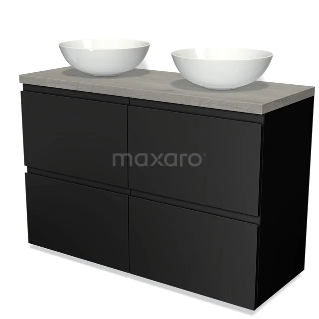 Badmöbel für Waschtischunterschrank 120cm Modulo Plato Matt Schwarz 4 hohe Schubladen Grifflos Graue Eiche Platte BMK14-00040 Schwarzes Badmöbel mit Beton Platte und zwei weißen runden Waschbecken, modernes Design für ein stilvolles Badezimmer.