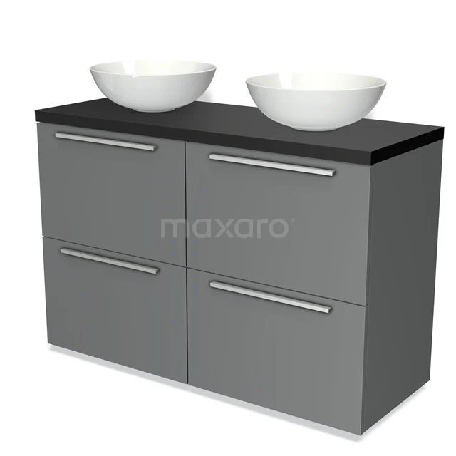 Grey bathroom unit with matte black worktop, double white countertop wash basins and silver handles, modern design.