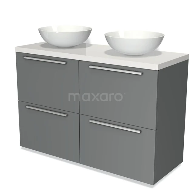 Graue Badmöbelset mit Doppelwaschbecken, modernen quadratischen Schränken und chromatischen Haltegriffen, ideal für ein stilvolles Badezimmer.